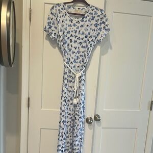 Blue and White Patterned Dress with Belt